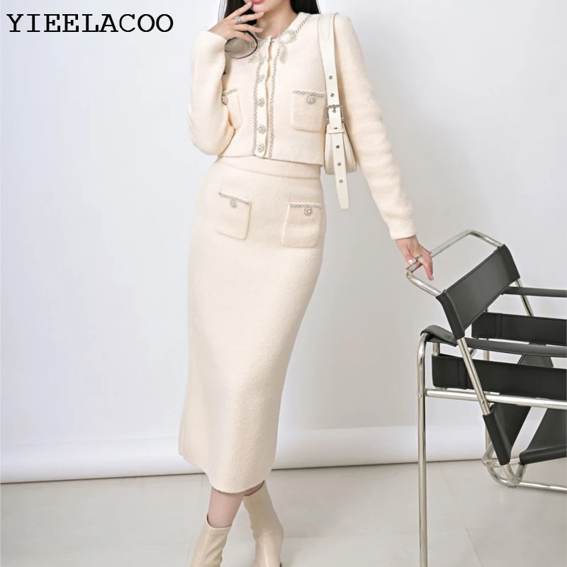 

Mingyuan Xiaoxiang wind pearl diamond bow knitwear coat + long skirt set women's spring/autumn new 2 sets