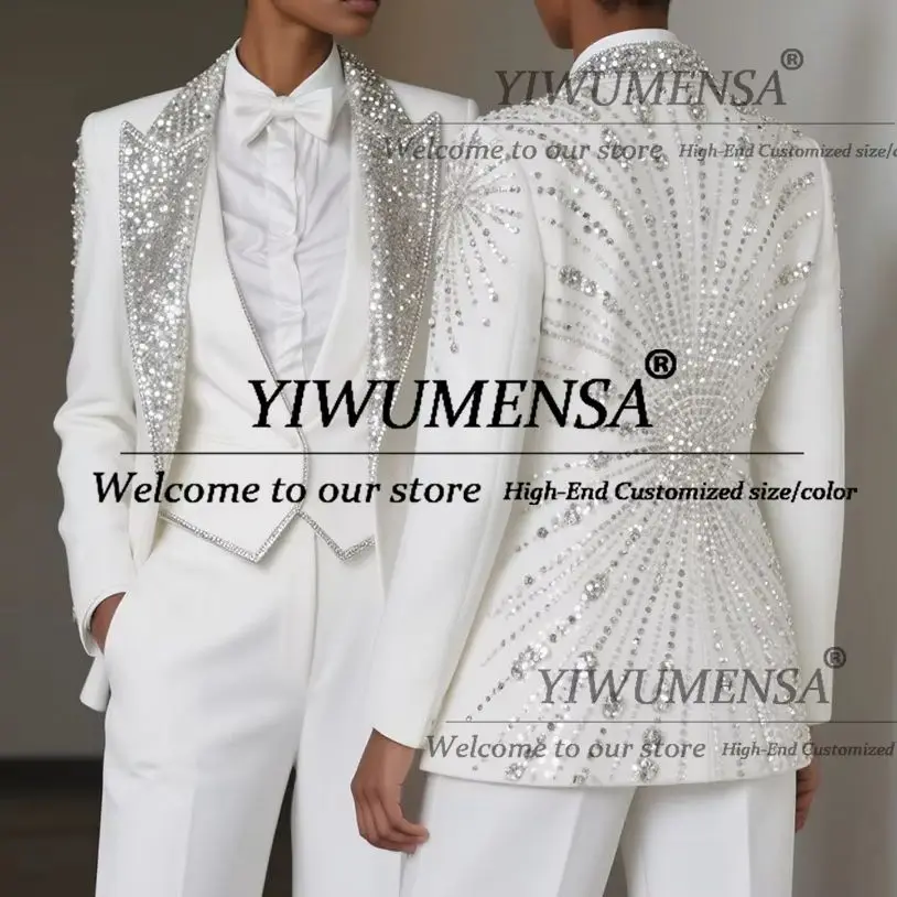 

Gleaming Beaded Crystals Mother Of The Bride Dress Sequins Peaked Lapel Prom Blazers Customized 3 Pieces Women Suits For Wedding
