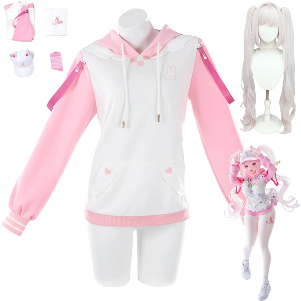 

Game The Goddess of Victory Dorothy Cosplay Costume Pink Hoodie Coat Socks Wig Woman Sexy Cute Daily Leisure Suit