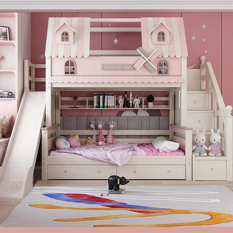 Newury Modern Bedroom Furniture Children Bed Wood Storage Bunk Bed Carton Box  Sets Small Bed for Kids Solid  Girls