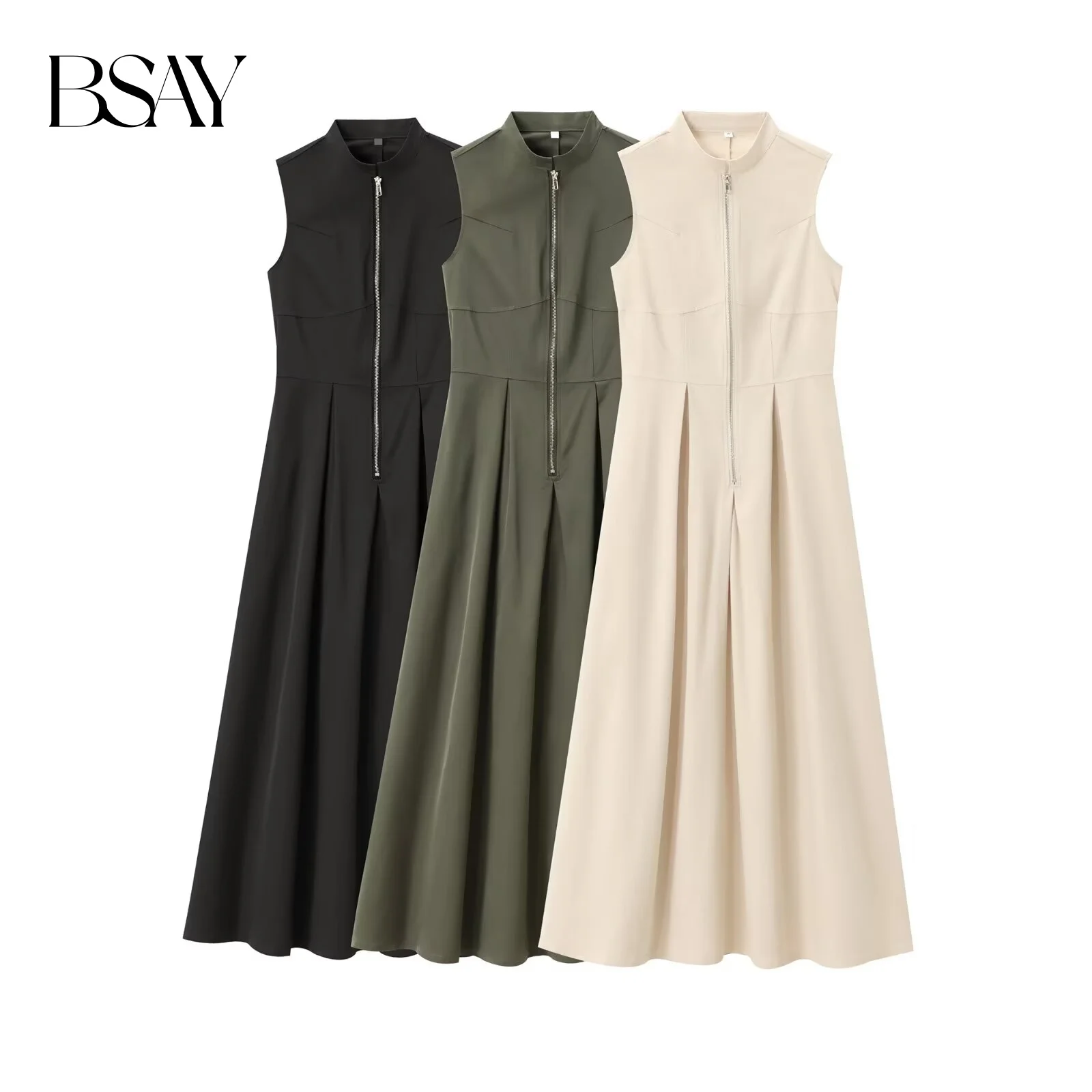 BSAY Long Dress 2025 Summer New Round Neck Sleeveless Waist Collection Commuting Style Solid Color French Evening Dress
