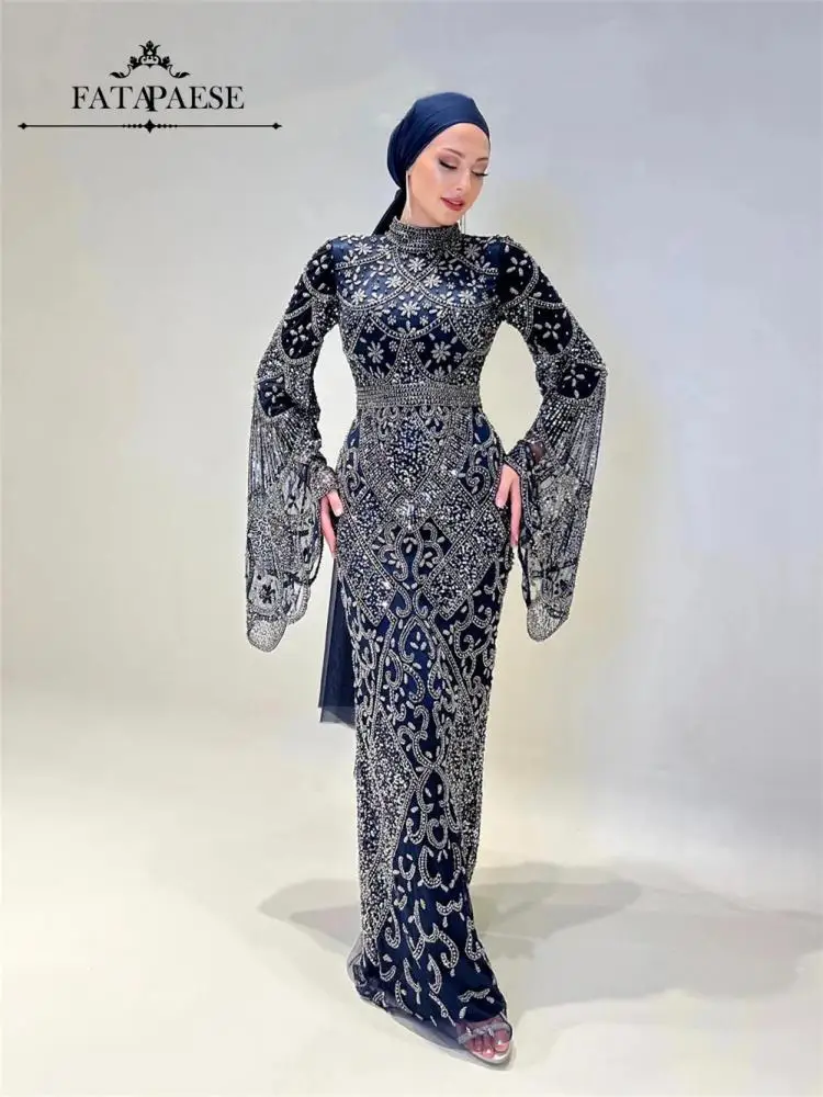 FATAPAESE Moslim Luxe Avondjurken Hoge Hals Volledig Kralen Vleermuis Mouw Zeemeermin Galajurk Arabische Dubai Hijab Jurken - afbeelding 2