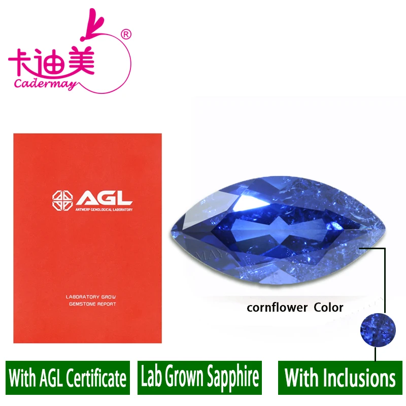CADERMAY Marquise Shape Cornflower Lab Grown Sapphire Loose Stone With Inclusions With AGL Certificate For Jewelry Making DIY