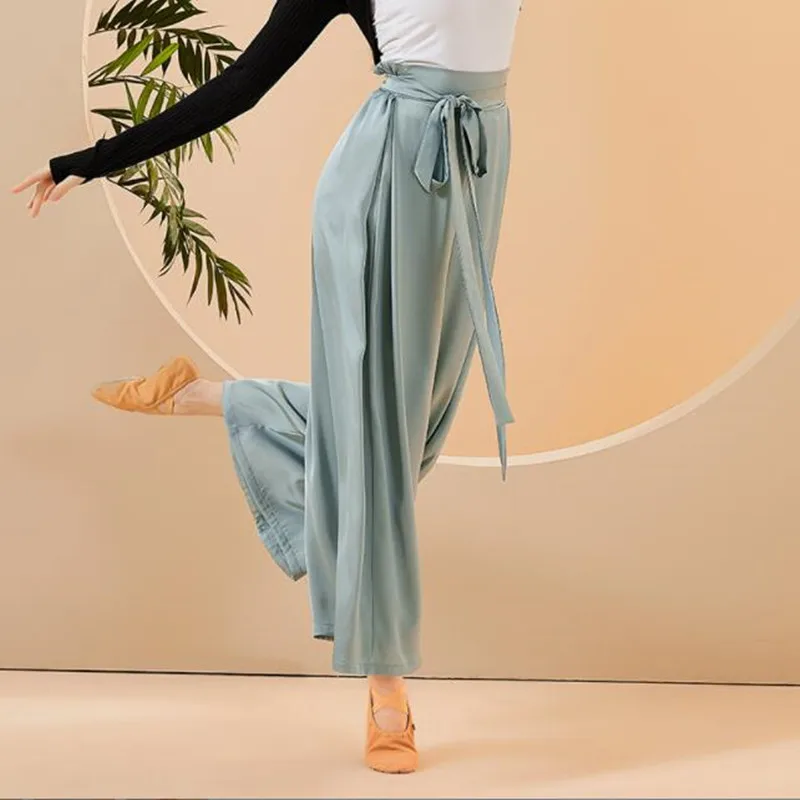 Chinese Skirt Pant Practice Dancing Clothes for Women Chiffon Wide Leg Culotte Flowy Belt Modern Folk National Dancer Costume