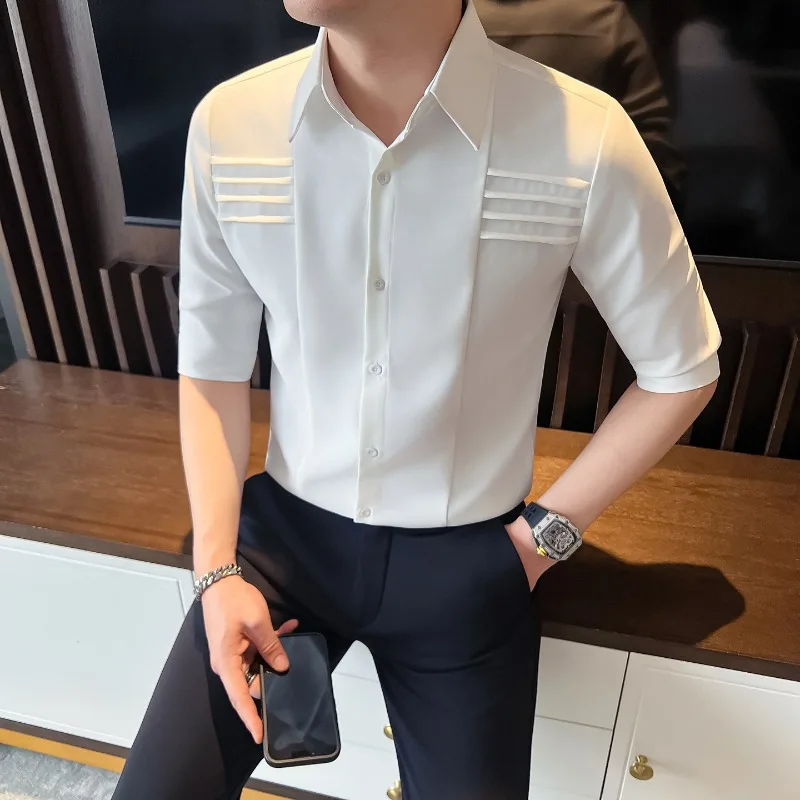 British Style Spliced Men's Shirt Half Sleeved Casual Business Formal Shirts Solid Color Versatile Social Nightclub Streetwear