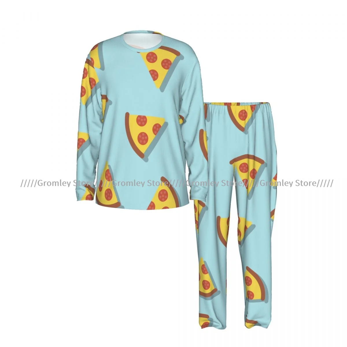 Male Pajama Set Long Sleeve Long Pants Sleep Suit Pizza Pattern Homewear Men Night Loungewear