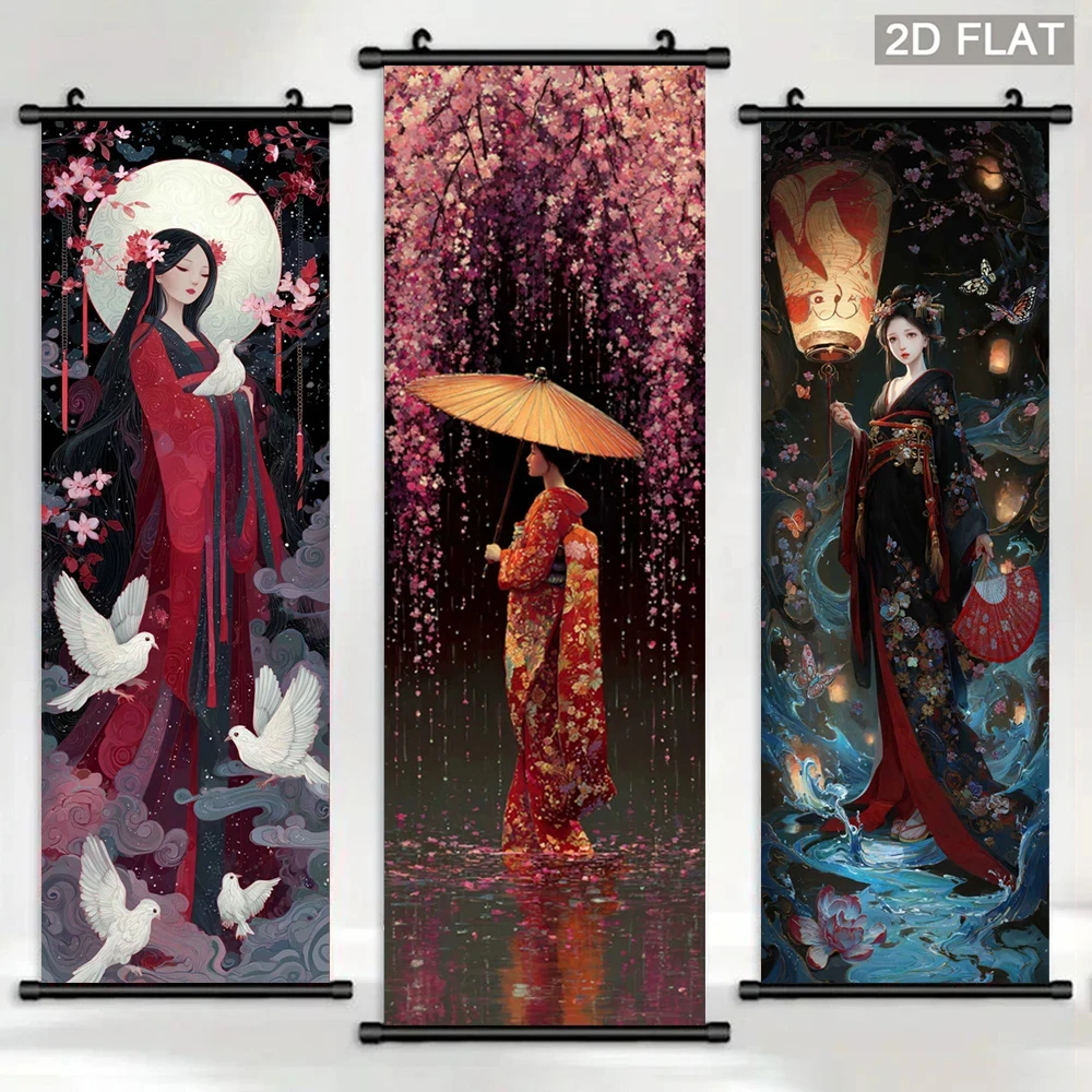 VIKAMA Geisha Kimono Umbrella Wall Scroll, 3 Designs, Wall Decor for Bedroom Living Room Dorm