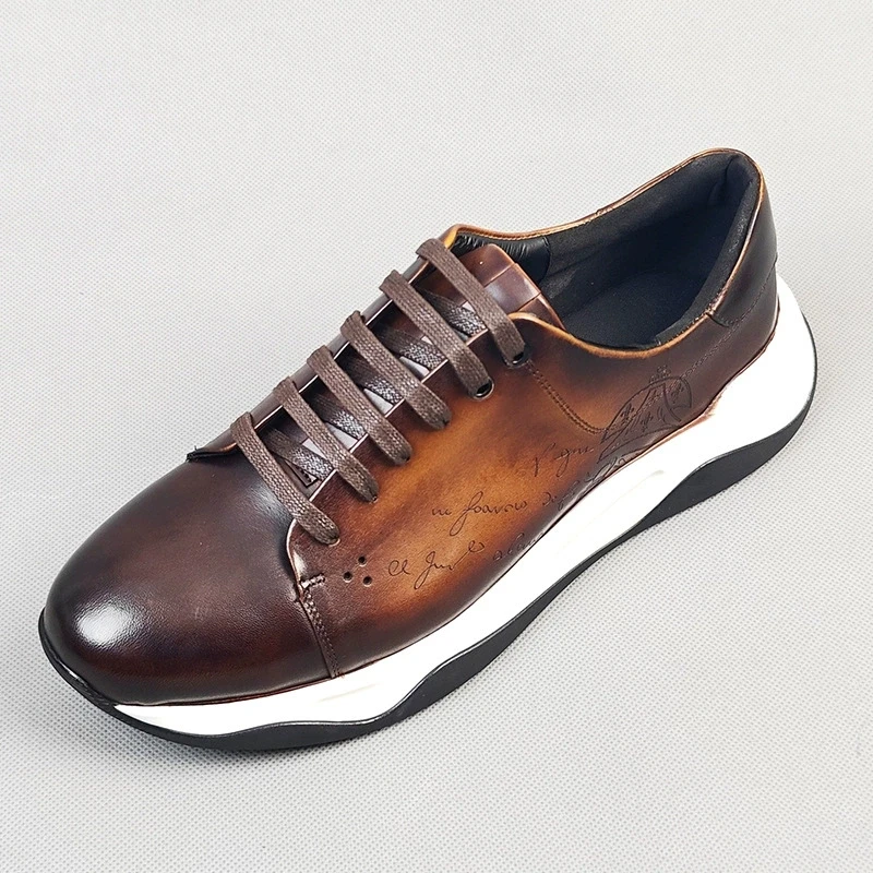 Luxury Handmade Genuine Cowhide Leather Casual Oxfords Mens Dress Shoes Height Increasing Lace-up Flat Sneakers for Men