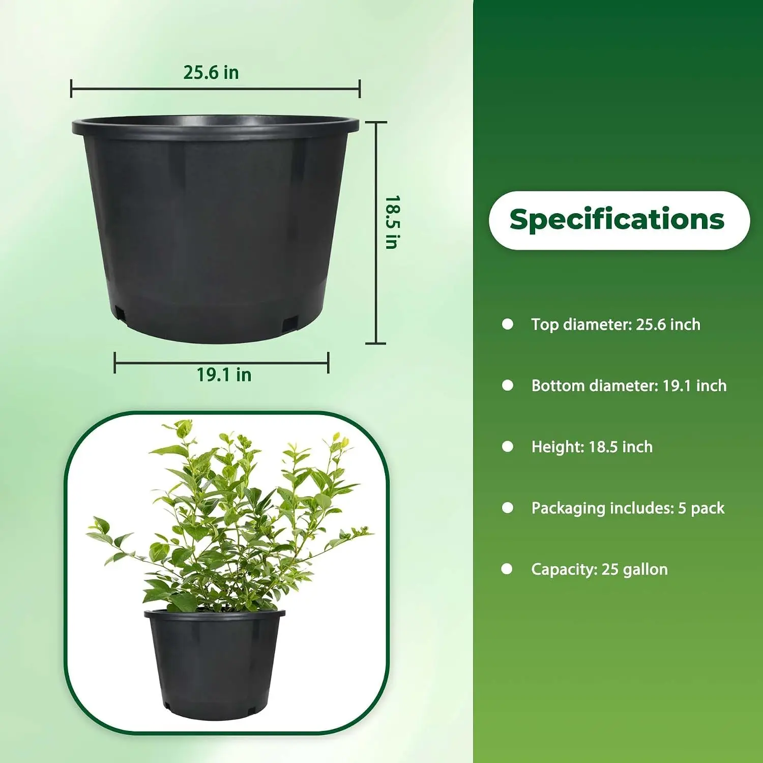 5 Pack 25 Gallon Large Plant Pot Black Grower Nursery Pot for Trees, Customized