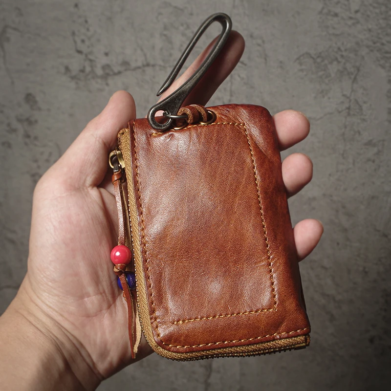 NUKA Top Cowhide Car Key Bags Men Women Vintage  Zipper Coin Purse Genuine Leather Wallet Card Holde ‌Housekeeper Home Organizer