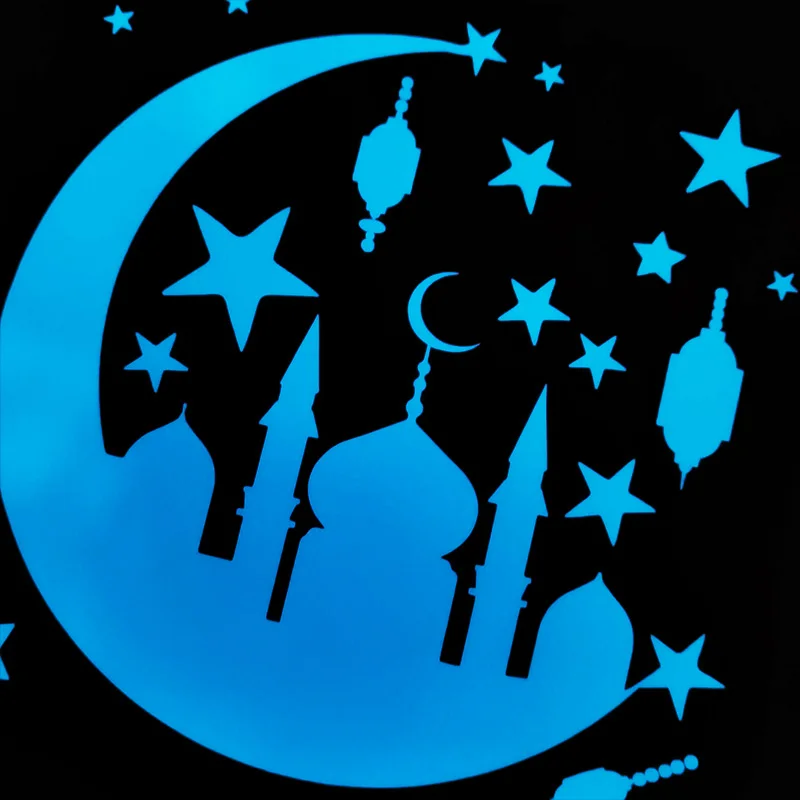 1Set EID Mubarak Blue Light Luminous Wall Sticker Ramadan Star Moon Glow Decoration Islamic Muslim Festival Children Room Decor