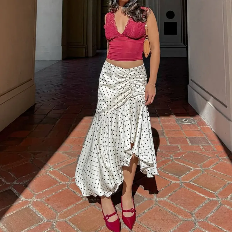 

Talenza Fashion Print Maxi Skirts Women's Summer Sexy High-Waisted Slit Pleated Polka Dot Skirt Party Vacations Women's Clothing