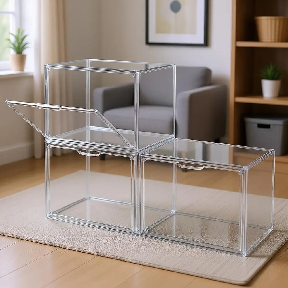 

Clear Stackable Plastic Storage Bins with Magnetic Lid, Dustproof Display Cases for Books, Cosmetics, Collectibles, Shoe Box, Pr