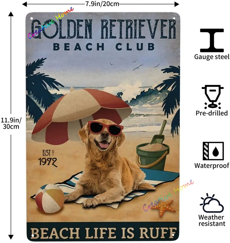 Funny Dog Metal Sign Vintage Golden Retriever Poster Decorative Signs Beach Club Living Room Dining Room Decor