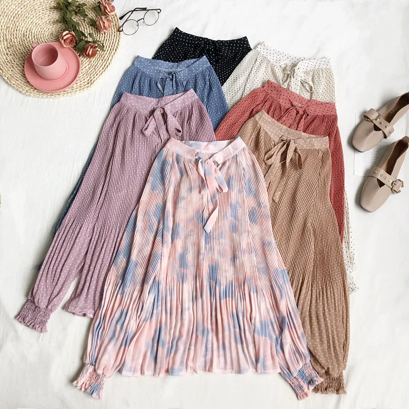 New Spring Women Loose Print Wave Point Blouse V-Neck Tie Bow Pleated Chiffon Blouses Ladies Long Sleeve Casual Shirt Short Tops