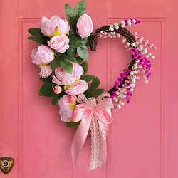 YeeNanee Heart Shaped Valentines Day Wreath for Front Door Artificial Pink Roses with Bow Tie Berry Wreaths Home Wedding Decor