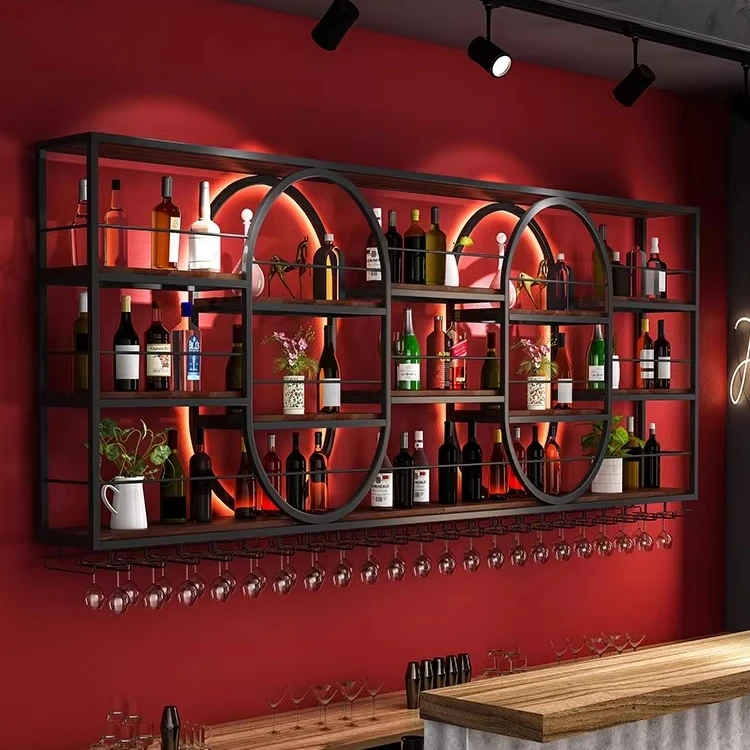 

Industrial Style Luxury Wine Rack With Luminous Light Display Wrought Iron Counter Storage For Restaurants Wall-Mounted