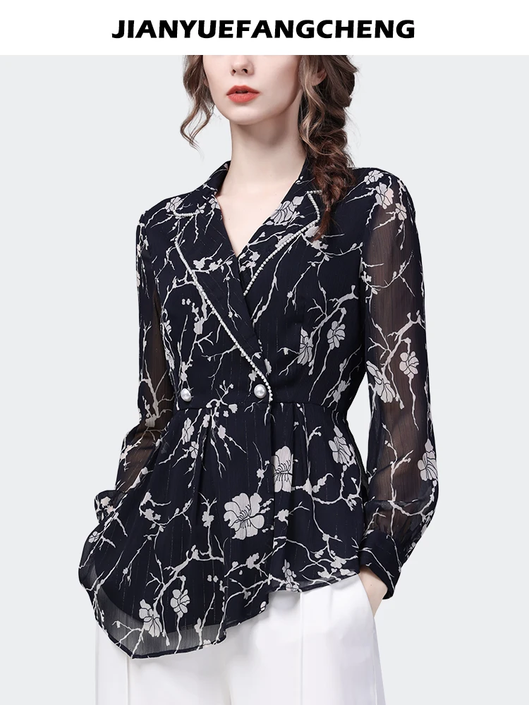 Fashion Women Spring Autumn Long Sleeve Suit Collar Floral Printed Shirt Elegant Vintage Lightweight Chiffon Blouse Tops