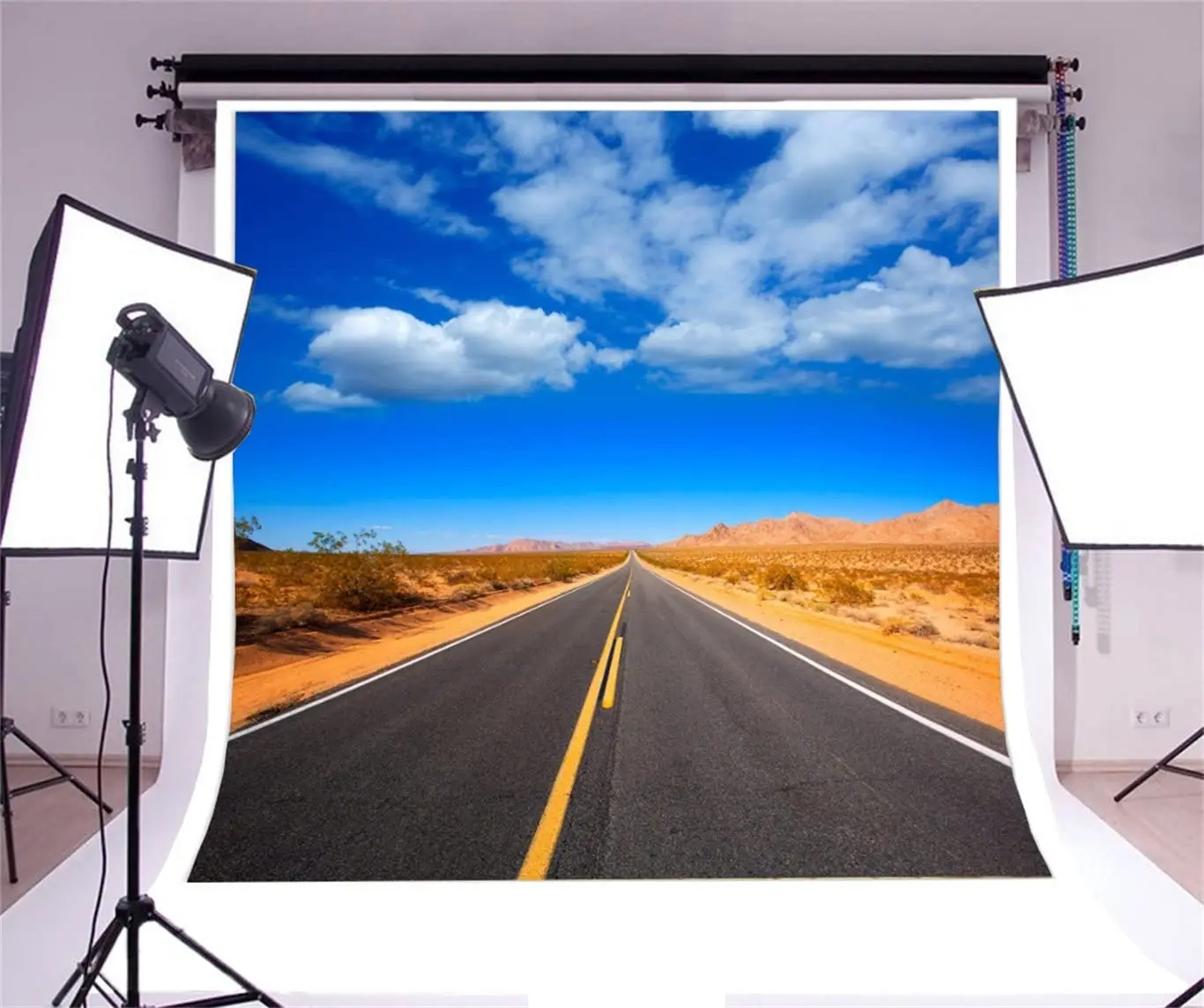 Arid Mohave Desert Route 66 Photography Backdrop Endless Country Highway Background Asphalt Road Landscape Blue Sky USA Outdoor