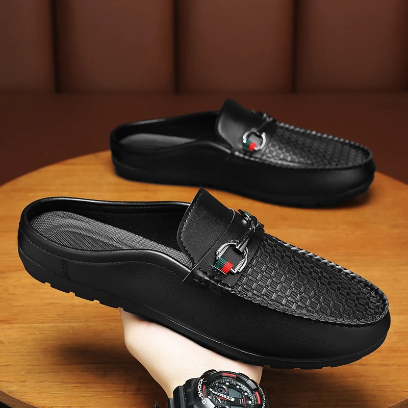 Men Genuine Leather Shoes Comfortable High Quality Fashion Soft Half Slippers Flats Casual Slip-on Loafers Work Driving Shoes