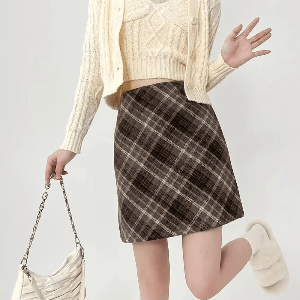 

High Waist Retro Plaid Skirt Winter Autumn Classical High Waist Long Skirt Slim Fit Preppy Style A-line Half Dress Club