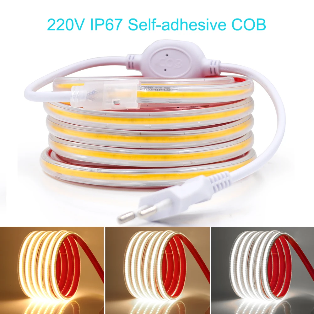 

220V COB LED Strip Light with EU Plug Outdoor Waterproof Flexible Tape Self-adhesive Led Ribbon for Kitchen Garden Room Decor