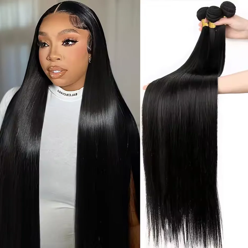 أسود طبيعي 1 3 4 عروض الحزمة غير المجهزة 42 بوصة العظام مستقيم 100% حزم الشعر البشري وصلات شعر خام للنساء الاختيار #1