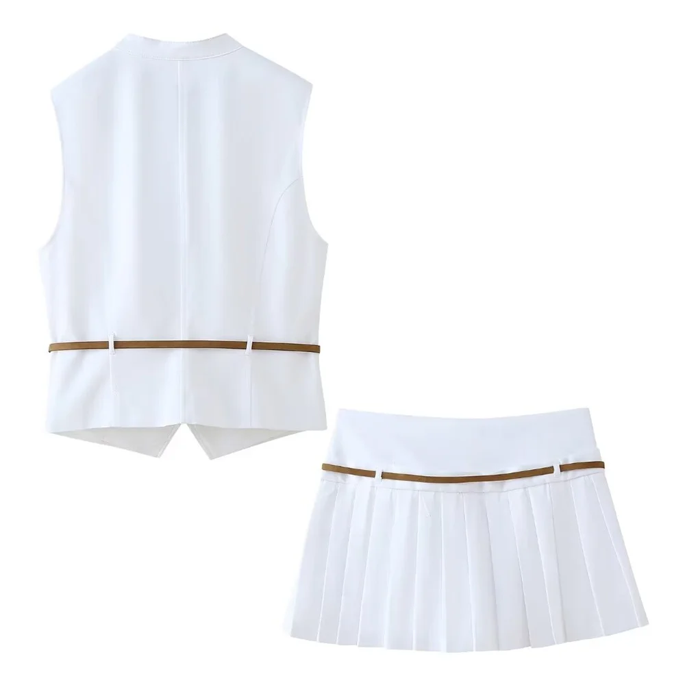 European and American Style 2024 Summer Women\'s New Fashionable and Casual Temperament Solid Color Belt Vest Top Half Skirt Set