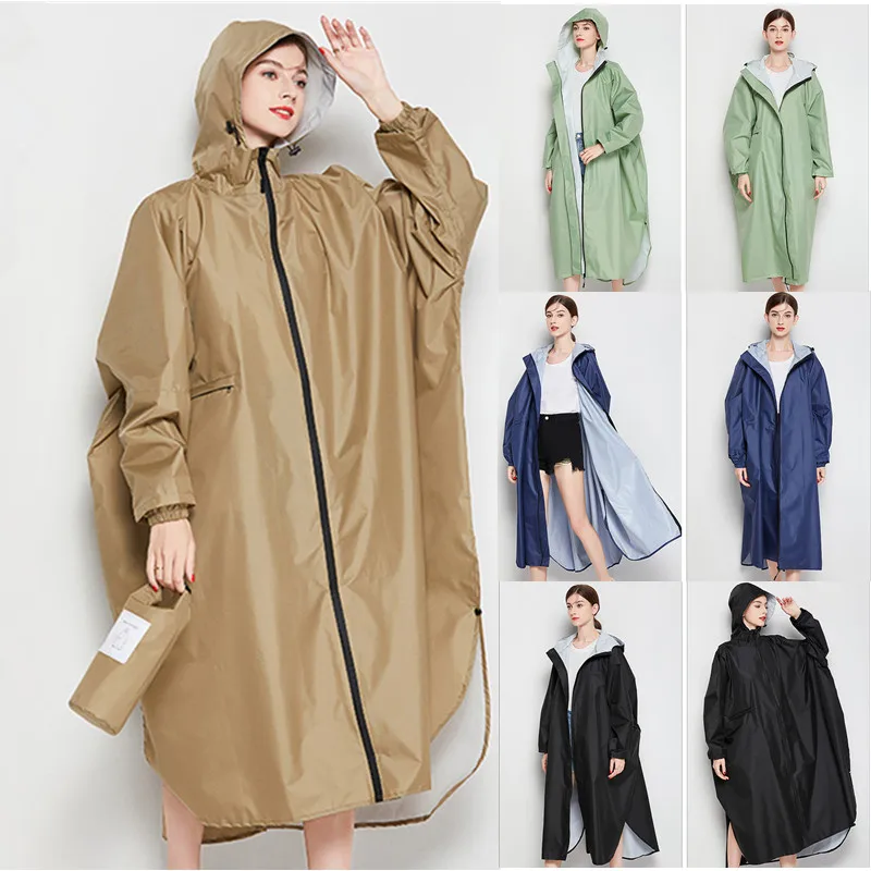 

PU Film Hooded Rain Coat Poncho Trench Women Men Waterproof Rainwear Raincoat Cloak Drawstring Zip Plus Size XXXL