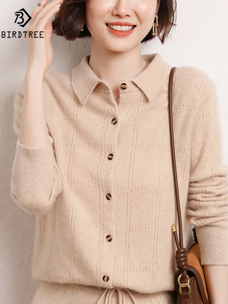 

BirdTree, Elegant Cashmere Wool Cardigans, Women Polo Neck Long Sleeve, Fashion Casual Sweater Coat, Autumn Winter Top C48609QM