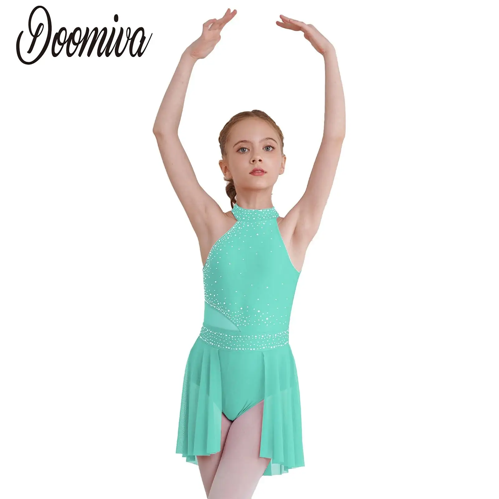 Girl's Glitter Rhinestone Leotard Ballet Dress Lyrical Modern Dance Irregular Hem Sleeveless Contemporary Performance Dancewear