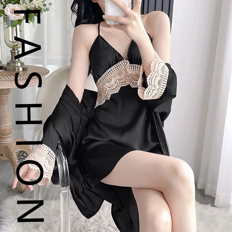 

Sexy pajamas women's spring and autumn long-sleeved lace suit summer with chest pad, beautiful back suspender, nightdress robe t