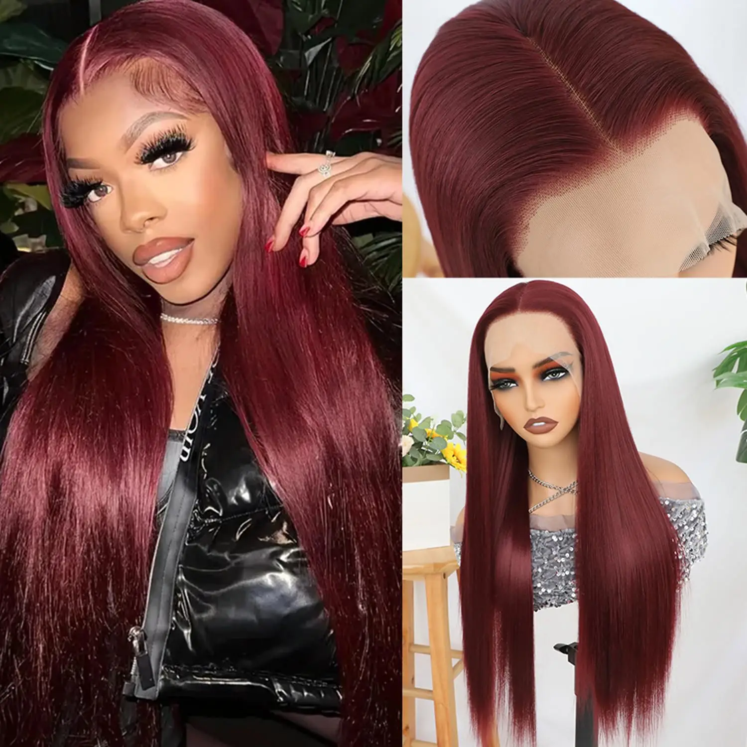 40 Inch Long-length & 200% High Density 99J Burgundy Bone Straight Wine Red Human Hair Wigs HD Transparent Skin-melt Swiss Lace Frontal Wig For Women