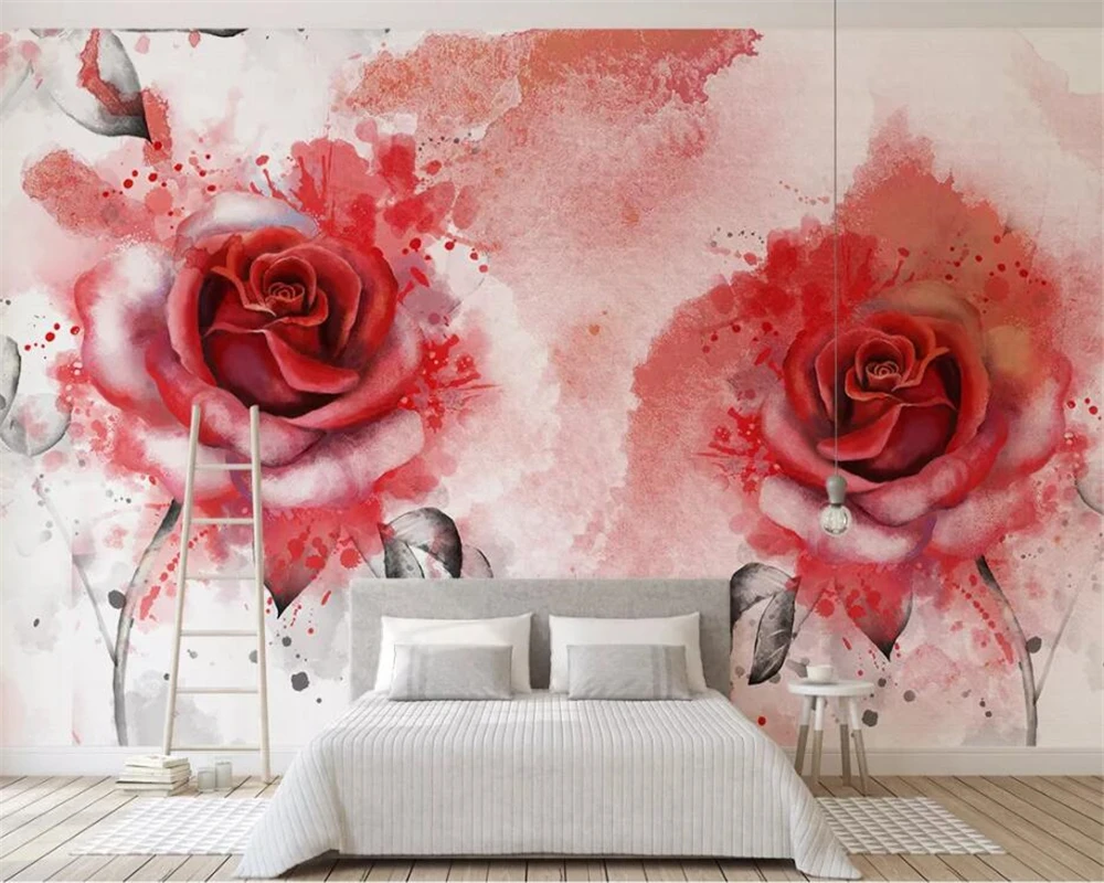 

Customized mural modern minimalistic abstract flower red watercolor hand painted rose wallpaper Living room background wall 8d