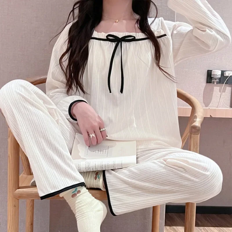 Spring Autumn New Casual Long Sleeve Women Two Piece Sets Luxury 2 Pieces Elegance Fallow Solid  Pajamas Set Homewear Outfits