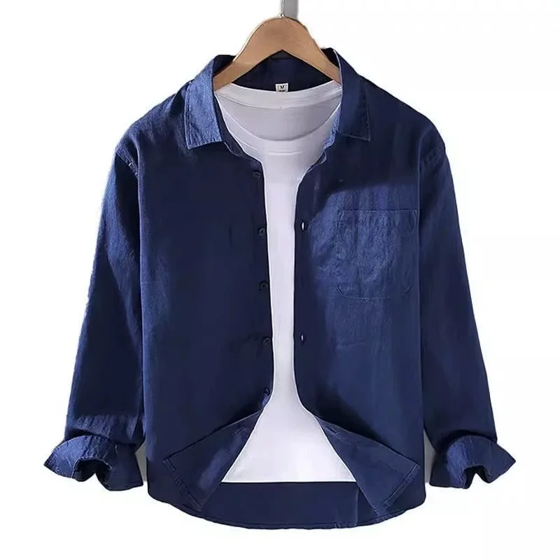 Loose Fit Long Sleeve Men's Shirt Wrinkles Cotton Linen Casual Breathable Summer Workwear Open Cardigan Pure Color Button down