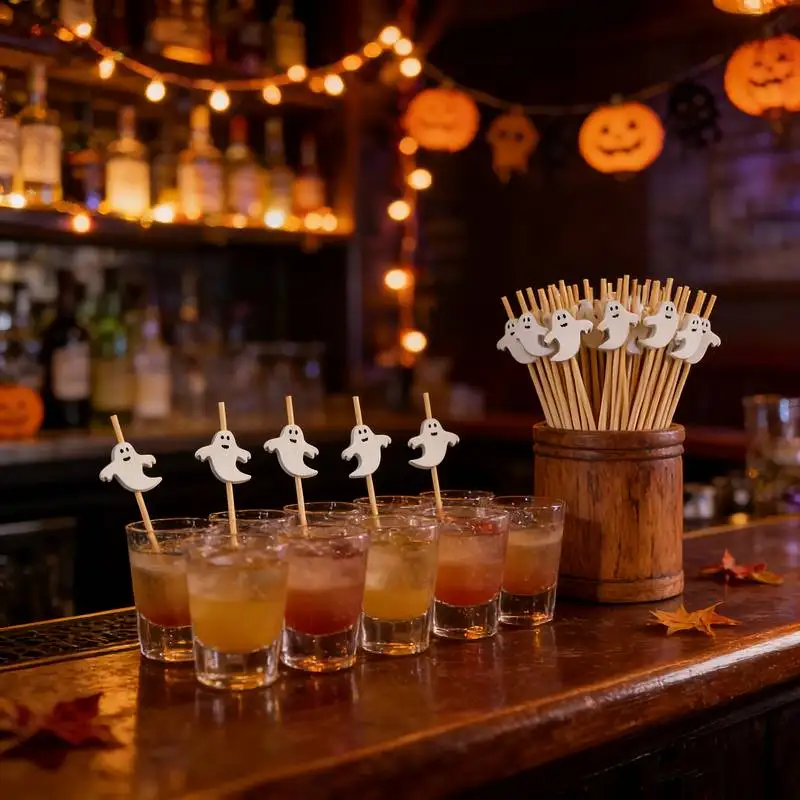 100pcs Bamboo Skewers Skull Ghost Fruit, Hamburger Pastry Picks, Christmas Day of the Dead Party Decor