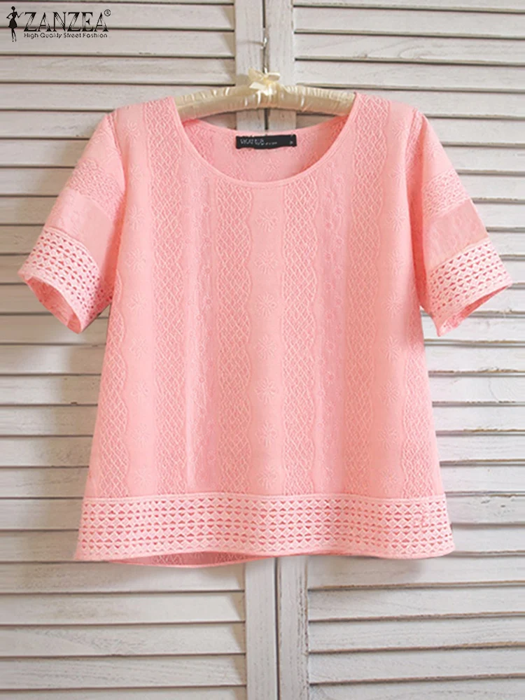 ZANZEA Cotton Blusas Women Solid Tops Casual Loose Short Sleeve Blouse Fashion O Neck Tunics 2025 Female OL Work Pullovers