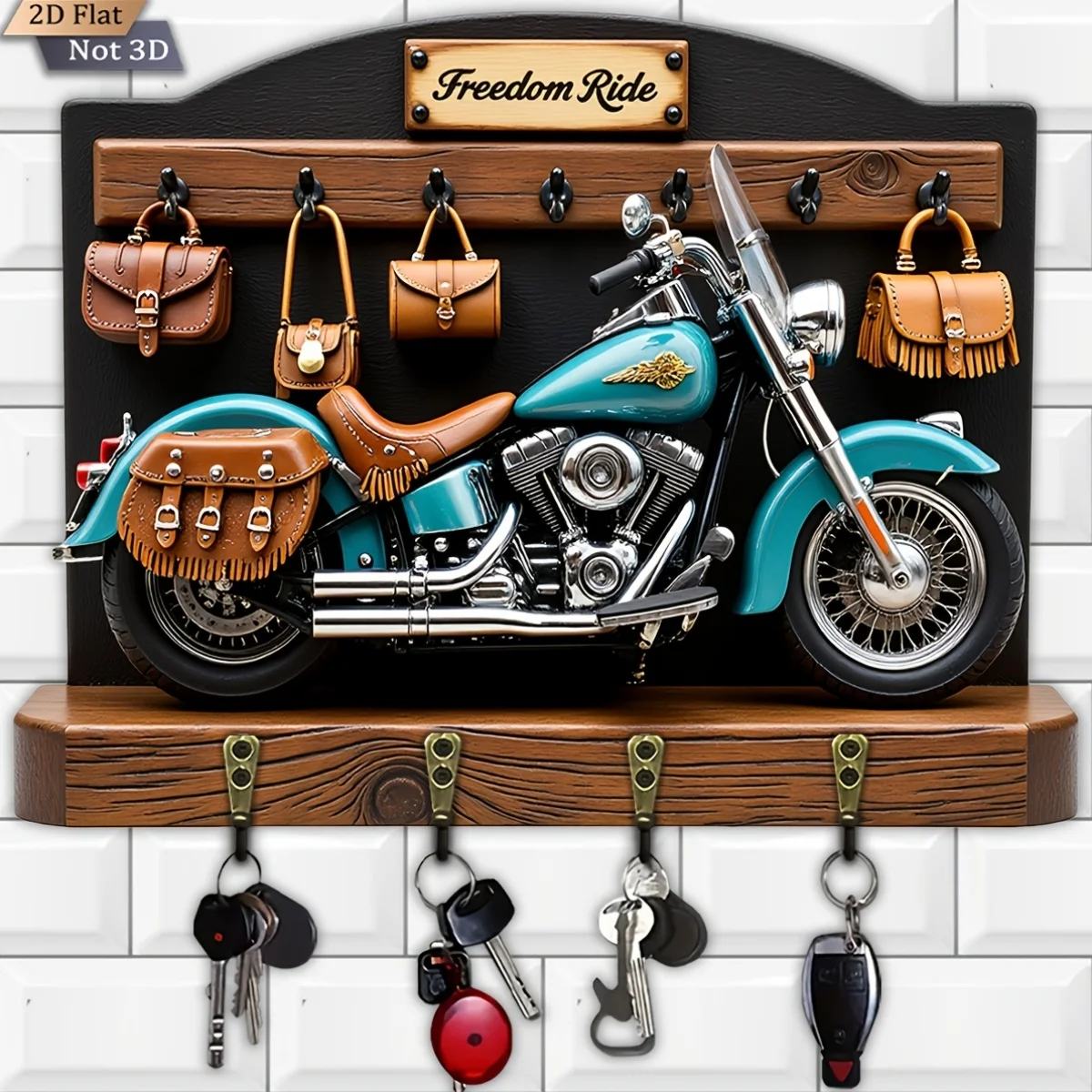 2D Flat, 1pc, Free Ride Motorcycle Theme Style Key Hook, Wooden Multifunctional Home Key Holder with Four Metal Hooks, Suitable