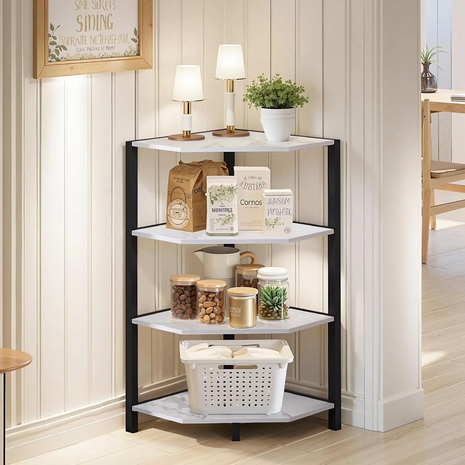 

4 Tier Corner Shelf Stand, 31' Tall Corner Display Shelves with Metal Frame, Multipurpose Storage Organizer for Living Room