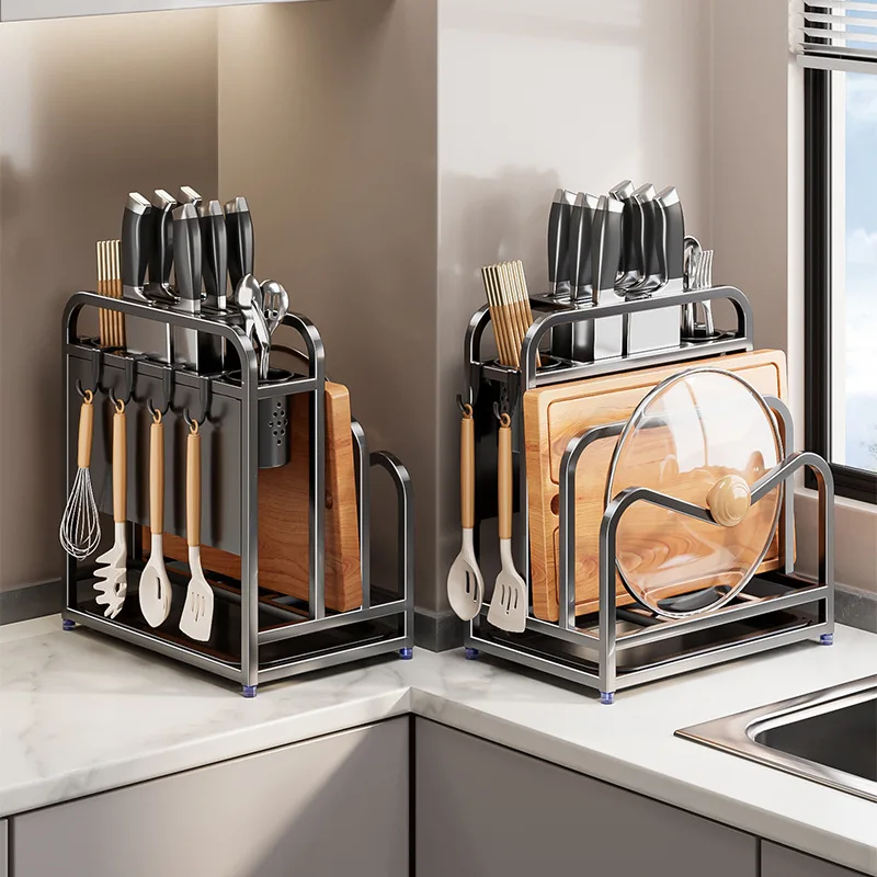 مناسبة لحامل السكاكين من الفولاذ المقاوم للصدأ، رف المطبخ، لوازم تخزين السكاكين، غطاء وعاء سطح المكتب متعدد الوظائف، رف التشطيب