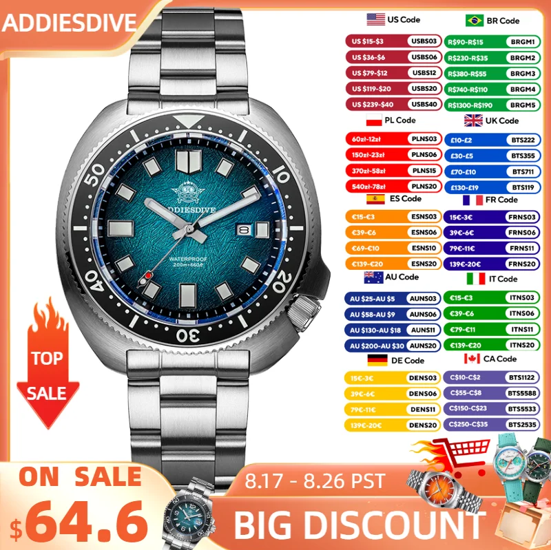 ADDIESDIVE Neue 43,8 mm Uhr für Herren Dive AD2511 Luxus-Saphir-Quarz-Armbanduhr 100 m wasserdicht Edelstahl leuchtende Uhr