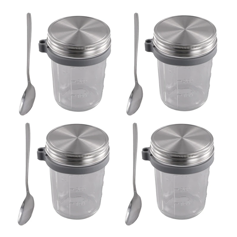 

Mason Jars For Overnight Oats 4 Pack 350Ml Overnight Oats Jar With Spoons & Airtight Stainless Steel Lids Breakfast Pots