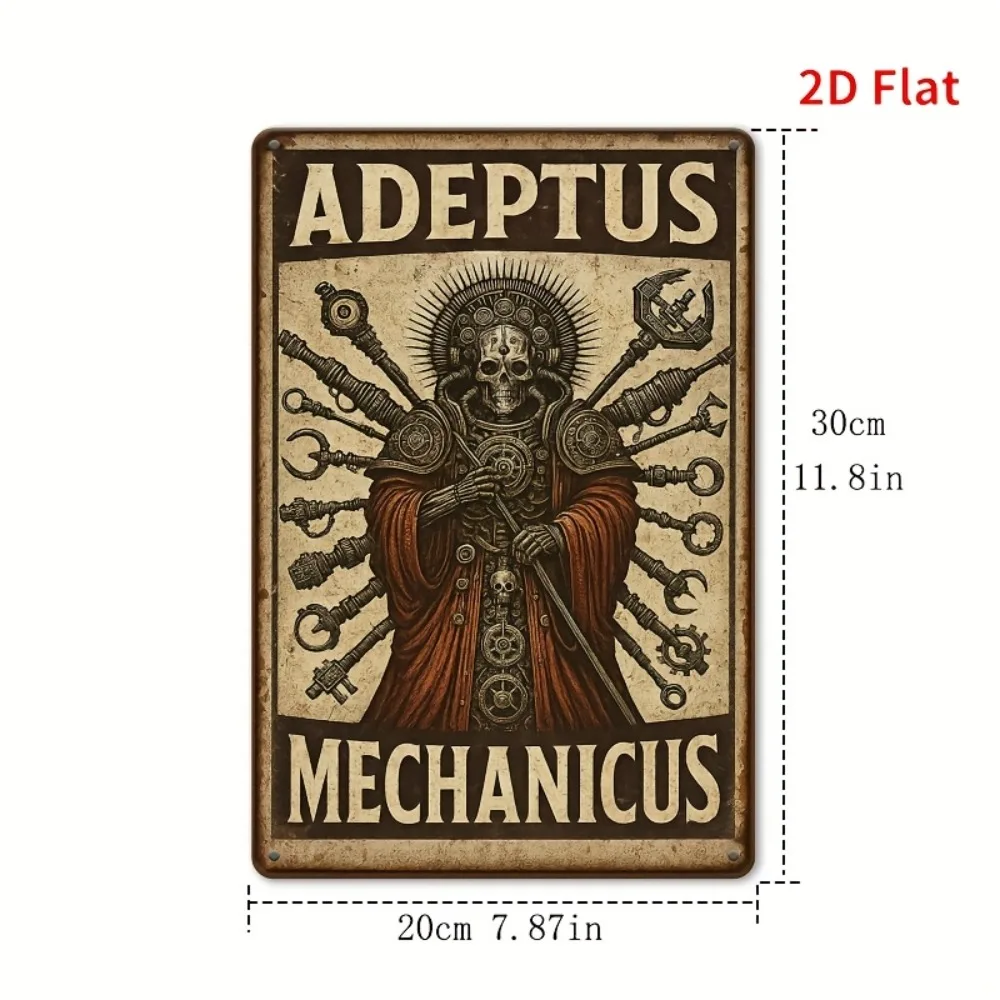 [2D Flat] 1pc Adeptus Mechanicus Vintage Metal Wall Art -Iron Sign with Intricate Skeleton & Gear Design