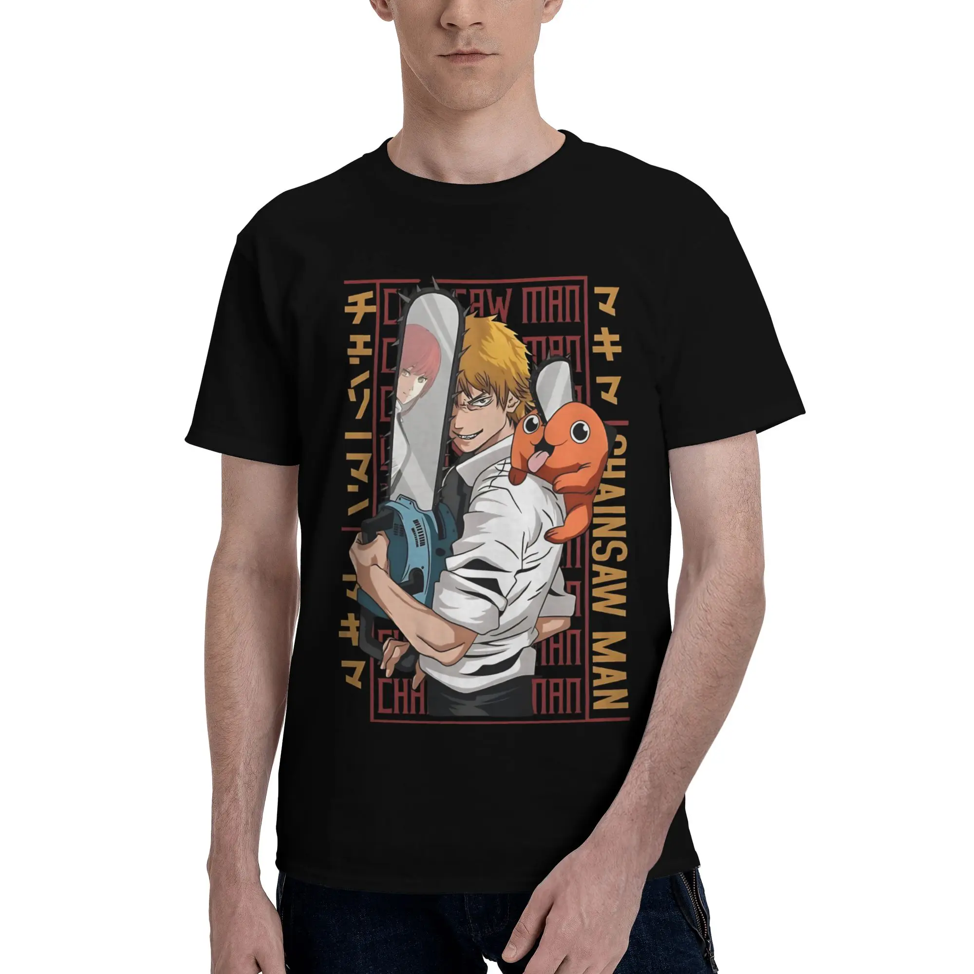 Denji And Pochita  Graphic Funny 100% Cotton T-Shirt Bandai Chainsaw Man Tops Tees For Men
