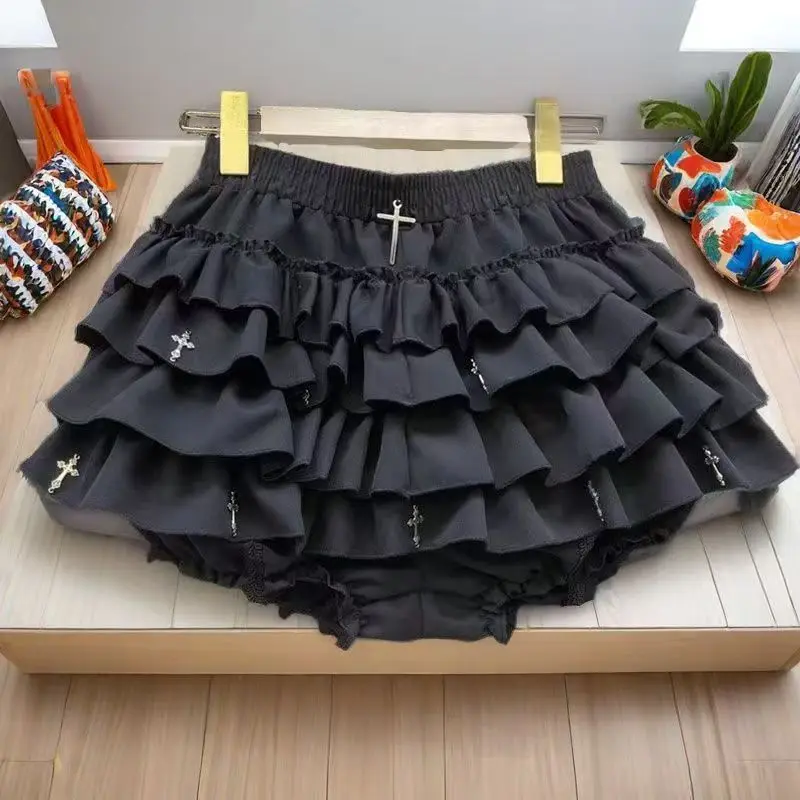 Women Skirts Tiered Ruffles Mini Skirt Cross Charms Built-in Shorts Kawaii Japanese Skort Gothic Punk Y2K Girl Harajuku 90s Sexy