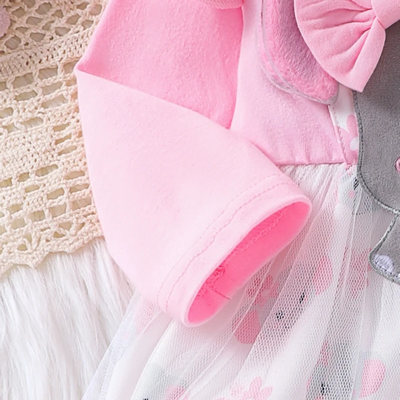 الفتيات الفيل طباعة طويلة الأكمام الطبقات تول فستان عارضة مع عقال ، جولة الرقبة ، فستان الأميرة للأطفال ، الخريف