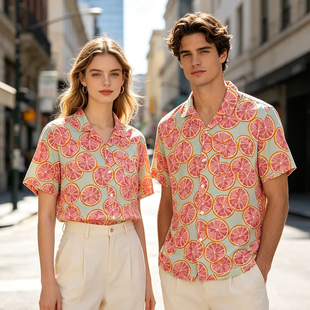 Men Grapefruit Slice Print Camp Collar Short Sleeve Shirt Summer Tropical Fruit All‑over Printed Button Down Chemise Unisex Tops