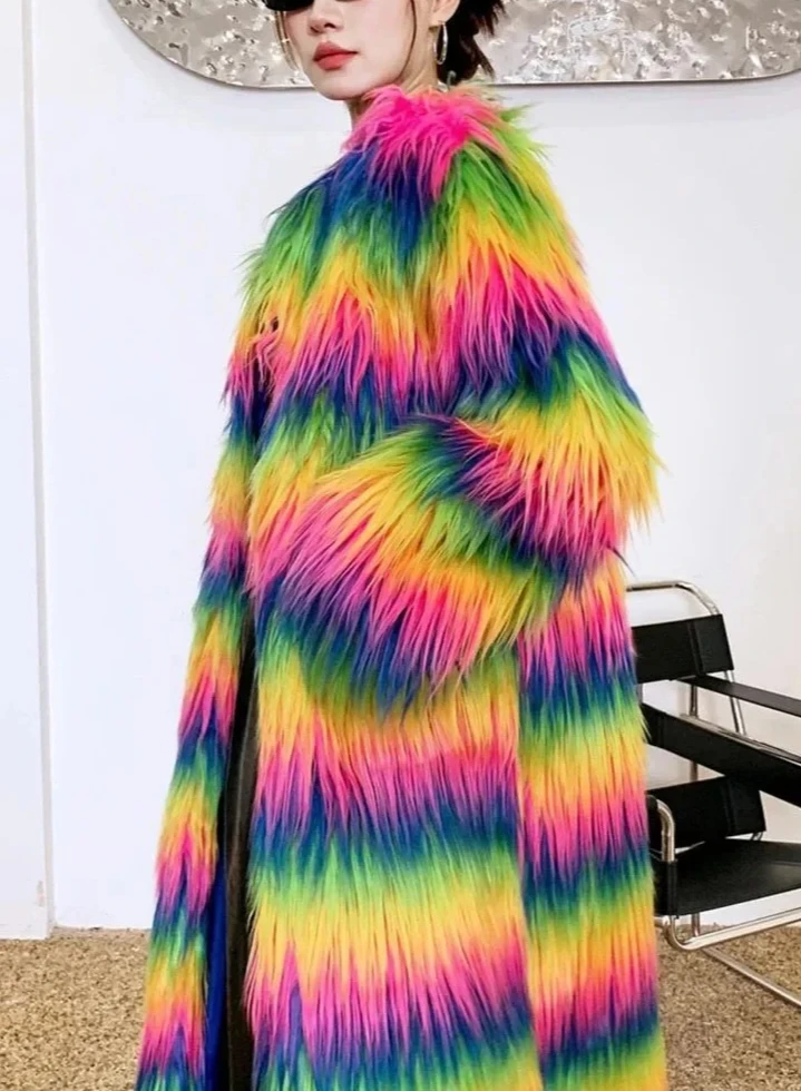 معطف نسائي شتوي أنيق منفوش من فرو الأغنام الصناعي بألوان قوس قزح سترة من الفرو الصناعي للنساء معاطف فرو طويلة للغاية #3