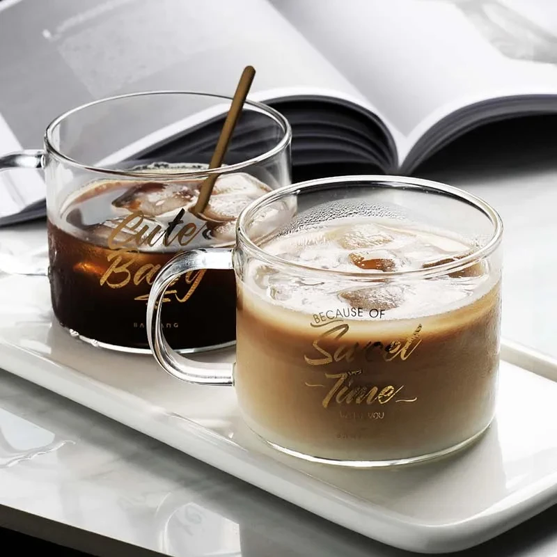 1PCS Creative Alphabet Glass Large Juice Cup with Handle Office Tea Cup Dessert Cup Oatmeal Cup Breakfast Cup Glass